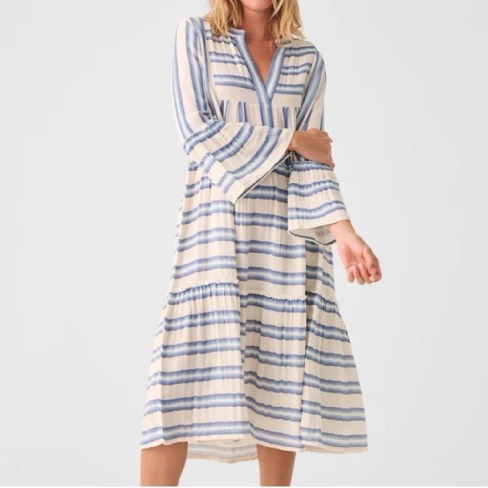 Faherty Dream Gauze Vida Midi Dress Blue Baja Color Organic Cotton Coastal Med